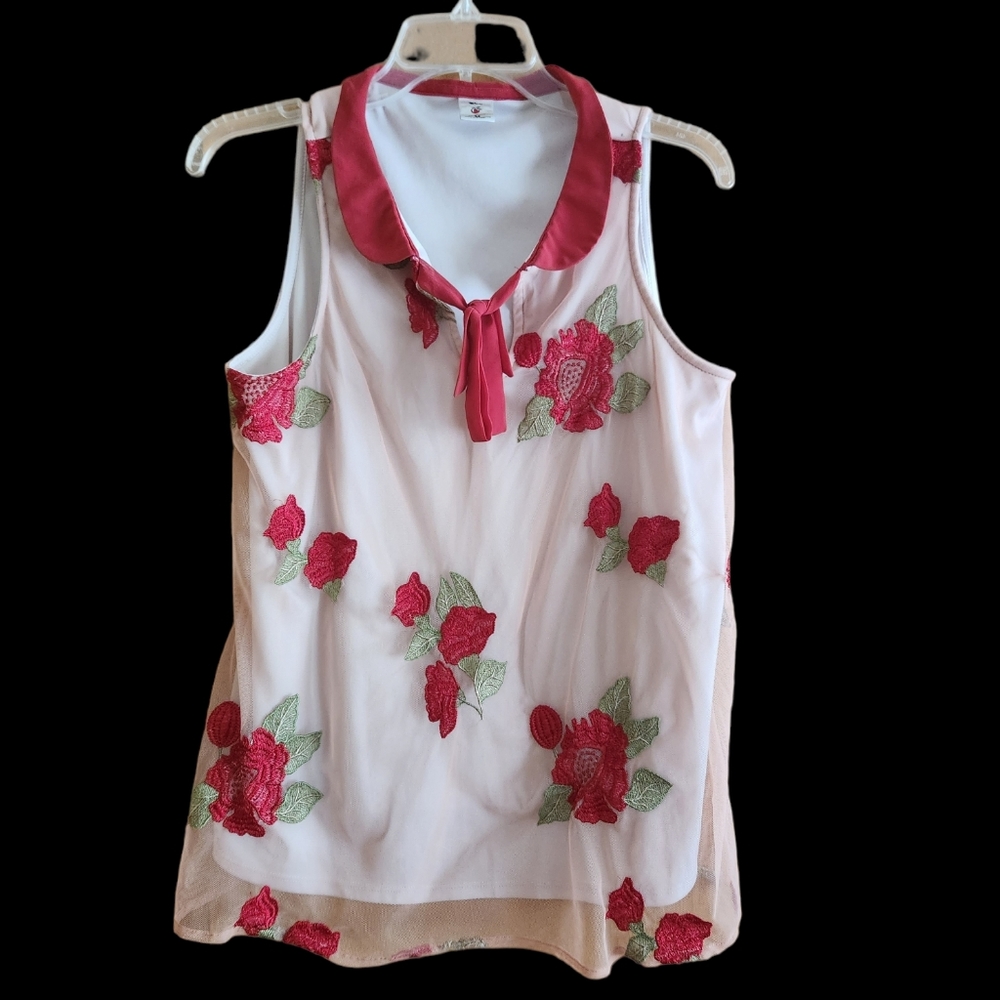 Disney Collection Lauren Conrad Lined Sheer Sleeveless Collared Shirt Red Roses